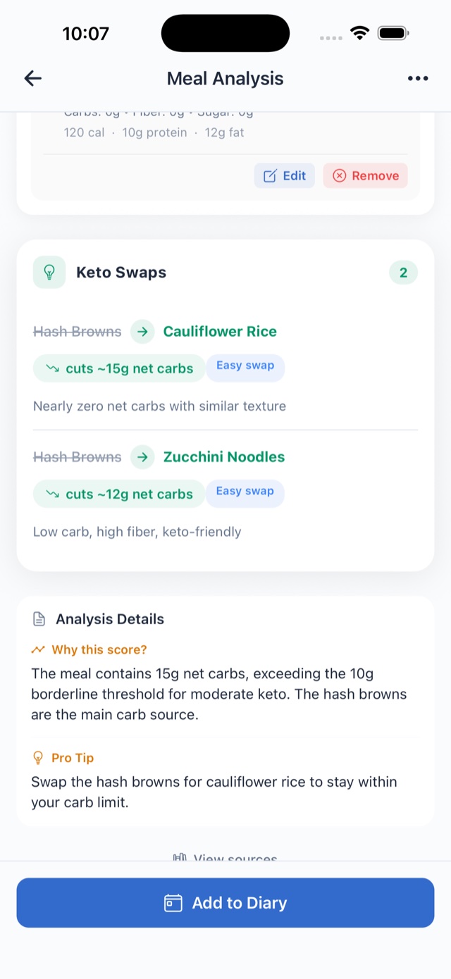 Keto Swaps in the app: hash browns swapped for cauliflower rice, cutting about 15 grams of net carbs